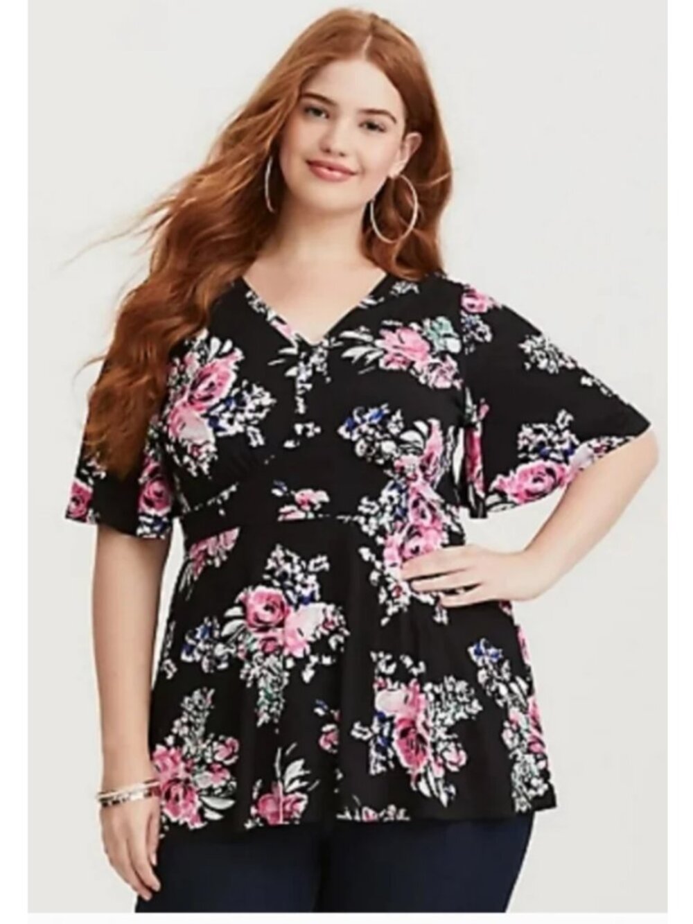 Torrid 2 Black Floral Studio Knit V-Neck Flutter Sleeve Peplum Top 2X 18 20